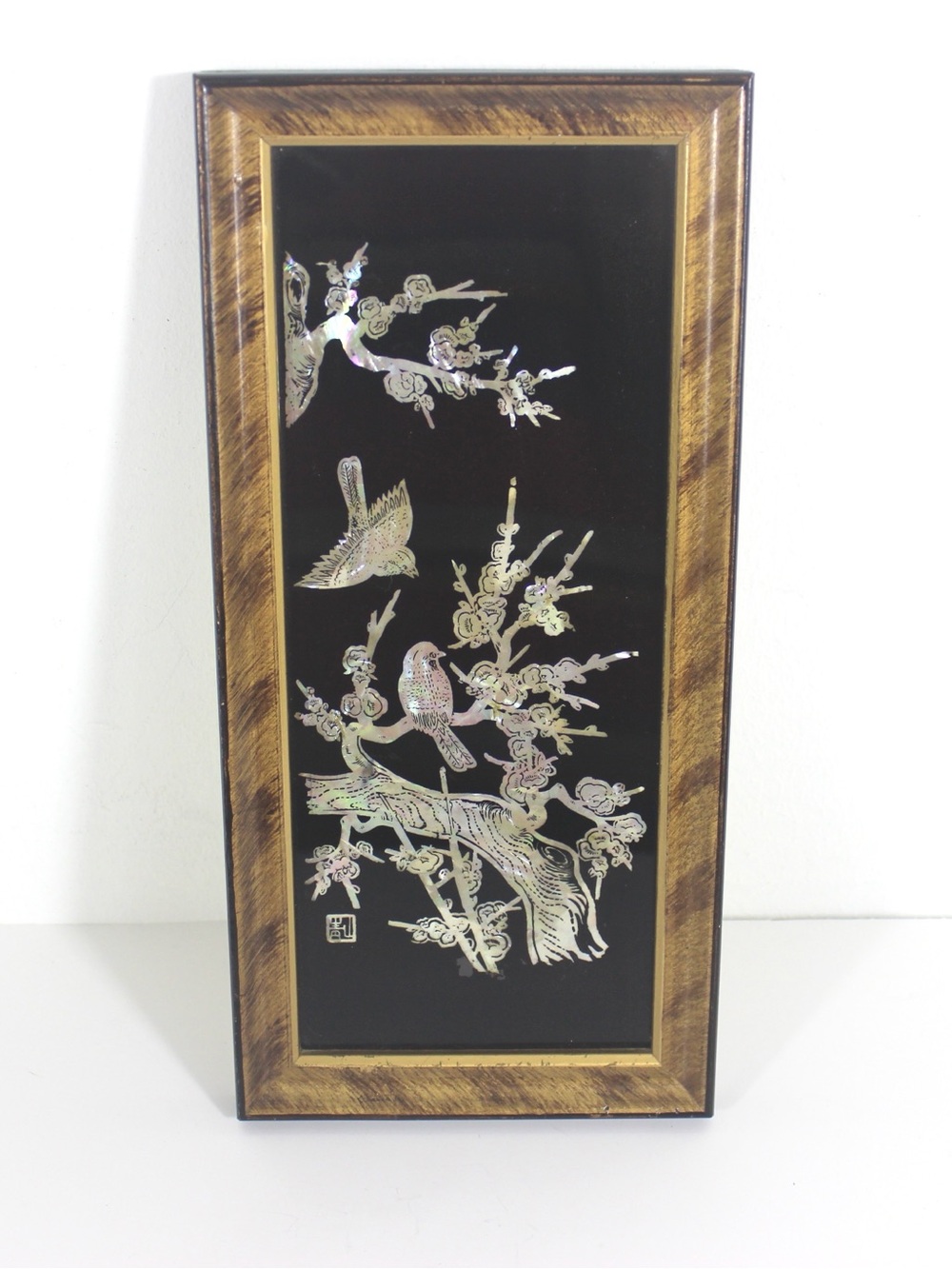 Vintage Chinoiserie Iridescent Mother of Pearl Art with Cherry Blossoms and Bird